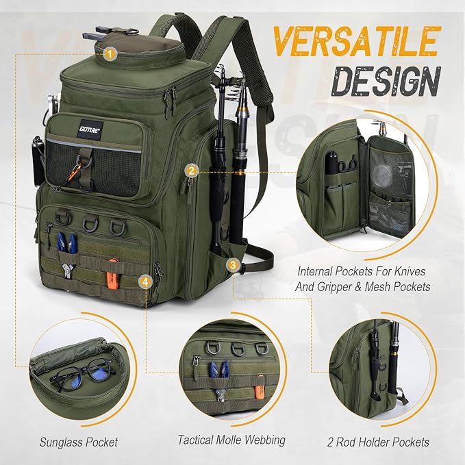 Goture Fishing Backpack, 900D Water-Resistant Tackle Bag with Rod Holders, Insulated Cooler Compartment, 55L Large Capacity Fishing Gear Storage for Saltwater&Freshwater Camping Hiking,Gifts for Men