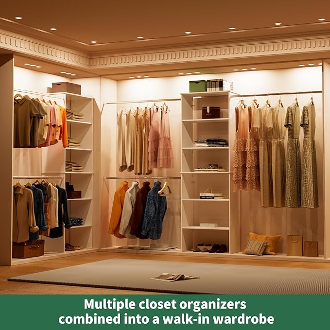 ROOMTEC Closet System, 25.5" Wide Wall-Mounted Closet Organizer Kit with Wood Storage Tower and 3 Hanging Rods, Wardrobe Closet System for Walk-In Closets, White
