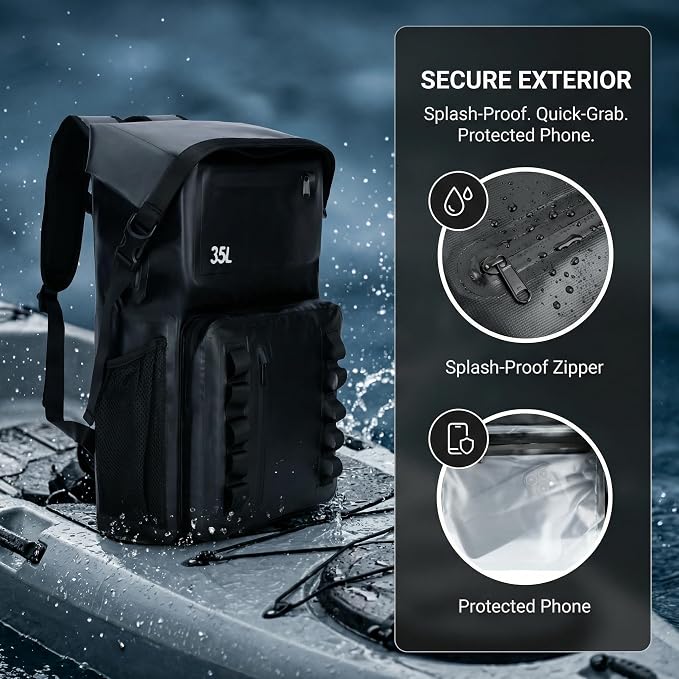 Greencity 100% Waterproof Roll-Top Dry Bag Backpack with Front Splash-Proof Pocket, Lightweight Floating Pack for Kayaking, Hiking & Travel,35L (Black)