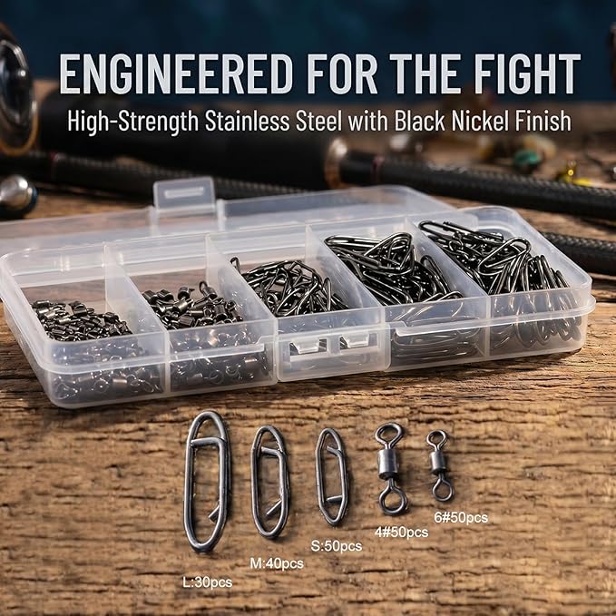 220Pcs Stainless Steel Fishing Power Speed Clips - S:50p M:40p L:30p 4#50p 6#50p, Heavy Duty Rotating Snap Fasteners for Quick Bait/Lure Changes, Saltwater & Freshwater Fishing