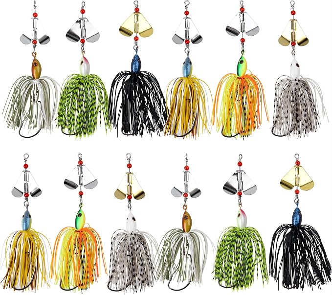 Spinnerbait Fishing Lures Kit - 6/12pcs Bass Fishing Buzzbait Lures Spinner Baits for Bass Trout Pike Salmon Multicolor Swimbait Buzz Bait Metal Spinner baits Swim Jigs Freshwater Saltwater