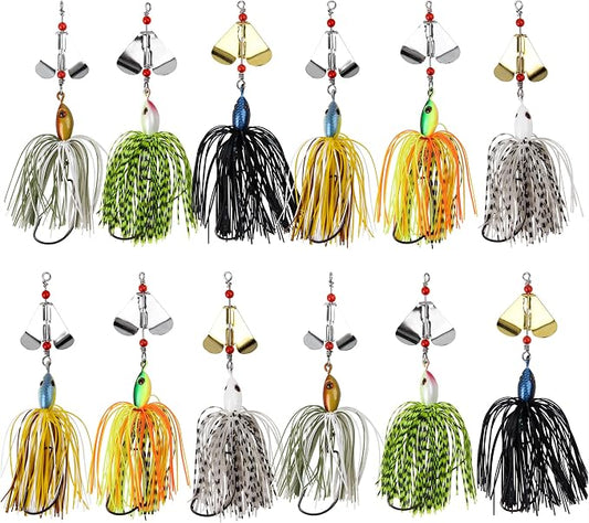 Spinnerbait Fishing Lures Kit - 6/12pcs Bass Fishing Buzzbait Lures Spinner Baits for Bass Trout Pike Salmon Multicolor Swimbait Buzz Bait Metal Spinner baits Swim Jigs Freshwater Saltwater