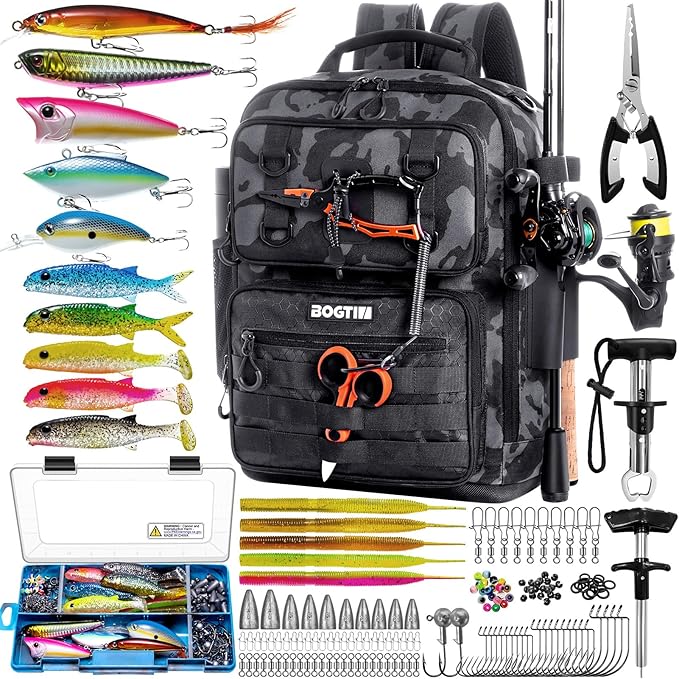 Fishing Backpack with Tackle Boxes and Rod Holders, Fishing Bag with Fishing Lure Kit Water-resistant Sling Tackle Bag Store Gear and Equipment, Bait Gifts for Men Woman Anglers-Camo Backpack