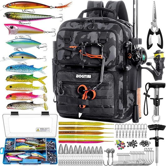 Fishing Backpack with Tackle Boxes and Rod Holders, Fishing Bag with Fishing Lure Kit Water-resistant Sling Tackle Bag Store Gear and Equipment, Bait Gifts for Men Woman Anglers-Camo Backpack