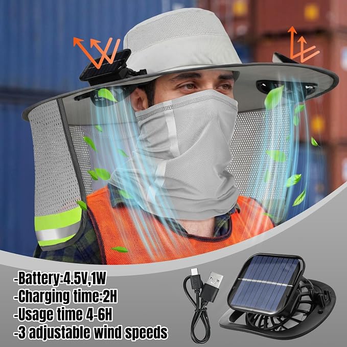 Solar Hat with Fans, Wide Brim Cooling Sun Hat with Removable Dual Fans USB Charging Neck Cover for Outdoor Fishing