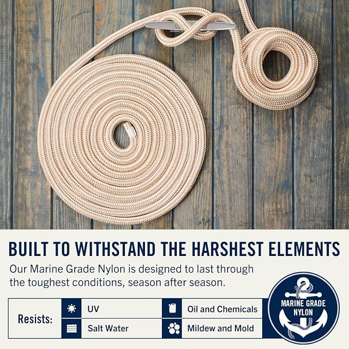 RainierSupplyCo Dock Lines - Boat Rope for Docking with Loop - 50 ft x 3/4 Inch Premium Double Braided Nylon Marine Rope - Mooring Line with 18" Eyelet - Boat Accessories - White Gold