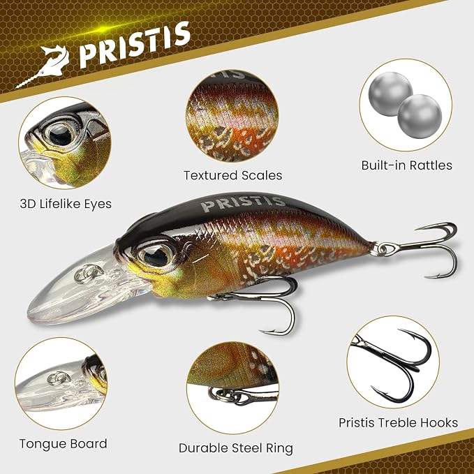 Pristis Lifelike Fishing Plugs for Bass Muskie Walleye, Slow Sinking Swimbaits for Saltwater Freshwater, Shallow Deep Diving Crank Hard Baits Lure Set with Reinforced Treble Hooks for Pike Crappie