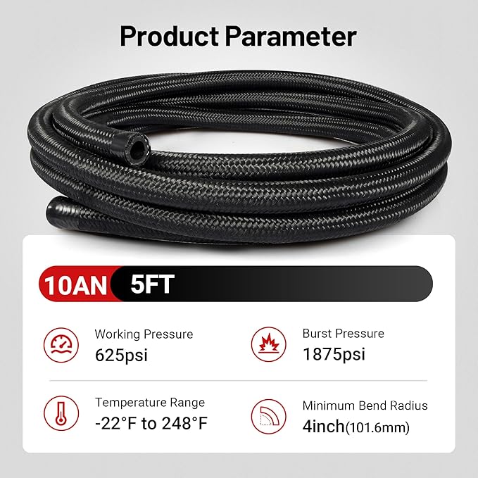 EVIL ENERGY 10AN Fuel Line, AN10 Braided Fuel Hose Nylon CPE 5FT Black