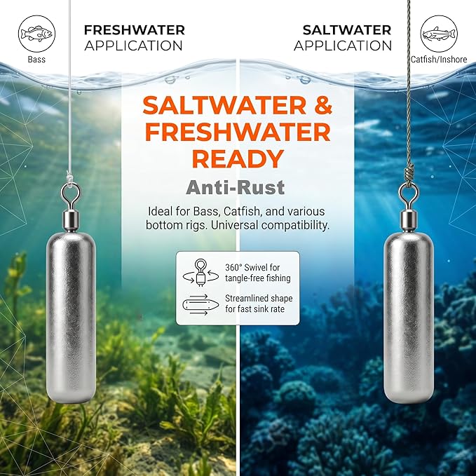 Drop Shot Fishing Weights with Rolling Swivel Streamlined Lead Fishing Sinkers for Freshwater Saltwater Catfish Bass Casting Fishing and Bottom Fishing Rigs