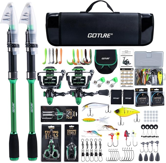Goture Fishing Rod and Reel Combos-2PCS Telescopic Fishing Pole+2PCS Spinning Reels with Carrier Bag,1.8M-2.7M Telescopic Rod Reel Kit for Starter Travel Saltwater Freshwater,Gifts for Men