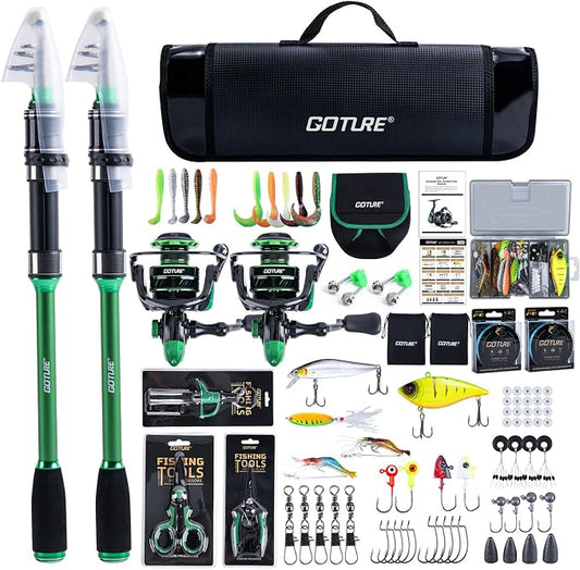Goture Fishing Rod and Reel Combos-2PCS Telescopic Fishing Pole+2PCS Spinning Reels with Carrier Bag,1.8M-2.7M Telescopic Rod Reel Kit for Starter Travel Saltwater Freshwater,Gifts for Men
