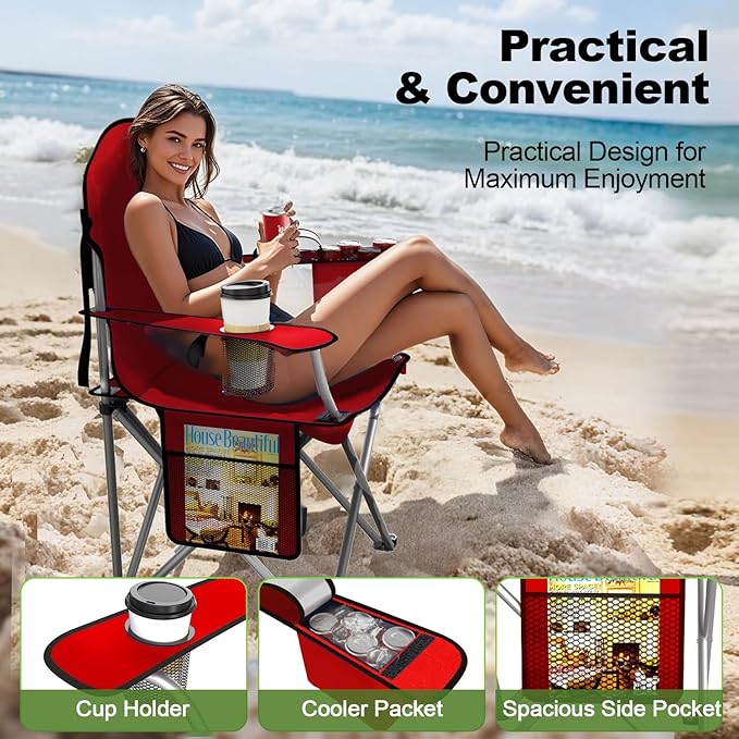 VTOY Folding Camping Chairs Durable 600D Oxford, Portable Outdoor Chair with Cooler Pouch, Cup Holder & Storage Pocket for Camping, Beach, Fishing