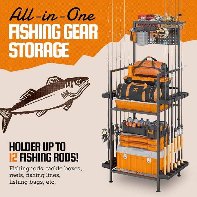 YQSLYSF Fishing Rod Holders for Garage with Pegboard & Metal Mesh Basket, Fishing Rod Storage Rack, Vertical Fishing Pole Holder for Up to 12 -24 Poles, Tackle Gear Organizer