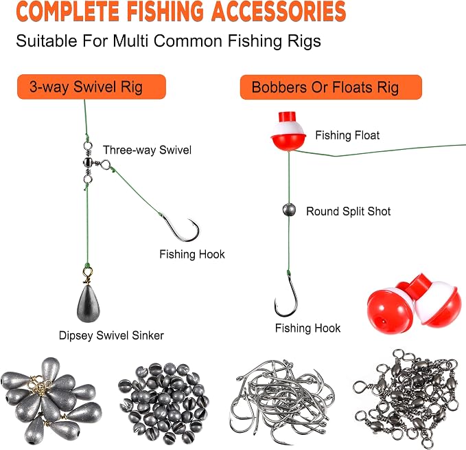 PLUSINNO 253/387pcs Fishing Gear Accessories Kit, Fishing Tackle Box with Tackle Included, Fishing Hooks, Fishing Weights Sinkers, Spinner Blade, Fishing Equipment for Bass Trout Bluegill Crappie