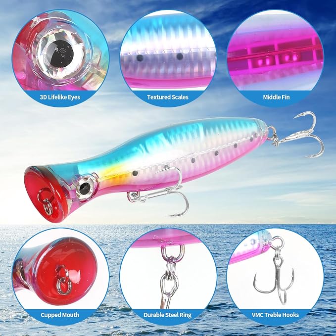 Large Top Water Popper Lure: 2pcs 3D Eyes Tuna Popper Saltwater Fishing Lures for Surf Fishing Gt Tuna Kingfish Large Predator Fish
