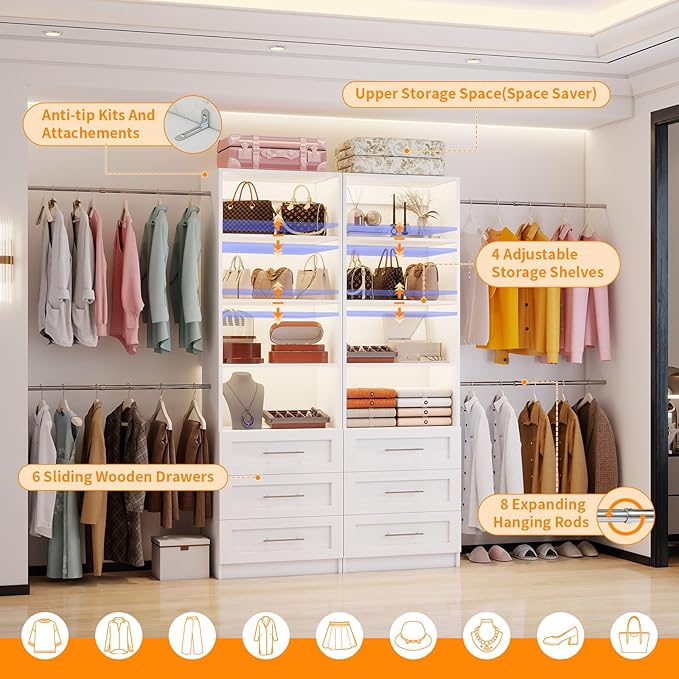 Closet System with 6 Drawers, 6FT-15FT Large Walk in Closet Organizer System with 8 Expandable Hanging Rods, Heavy Duty Wood Closet Storage System with 8 Shelves for Bedroom,White