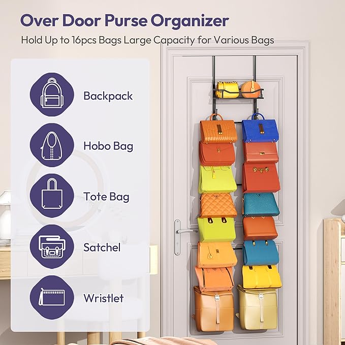 SWTYMIKI Over The Door Purse Organizer - Wall Mounted Purse Rack with 16 Hooks and Metal Basket, Handbag Hanger Organizer Holds up to 16 Bags, Bag Rack Can Use As 1/2 Part, for Door, Closet