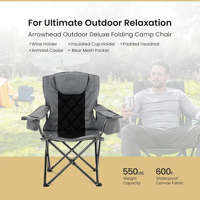 ARROWHEAD OUTDOOR 2-Pack Portable Deluxe Folding Camp Quad Chair w/Headrest, Glass & Cup Holders, Armest 6-can Cooler, Heavy Duty Carry Bag, 550 lbs Weight Capacity