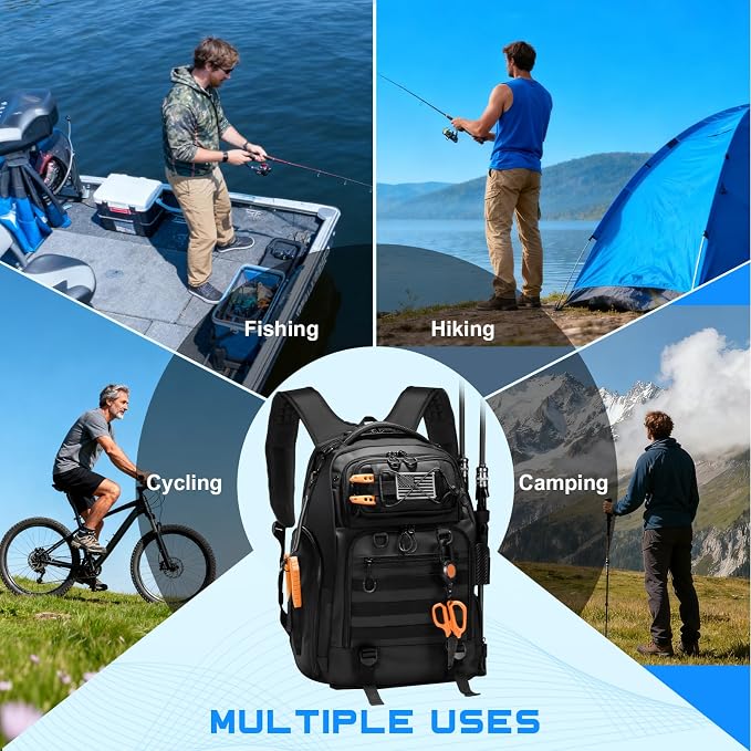50L Fishing Tackle Backpack with Removable Lure Wraps,Include (4) 3600 Tackle Boxes, 2 Rod Holders Storage Fishing Gear and Equipment