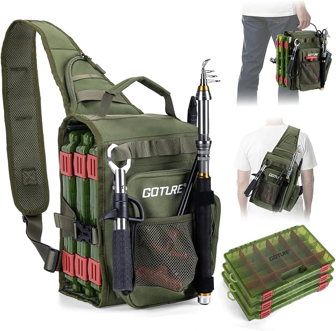 Goture OpenSide Tactical Sling Tackle Bag with 3 3700 Tackle Trays, Lightweight Fishing Backpack Storge Fishing Gear and Equipment - Green Bag Outdoor,Gift for men