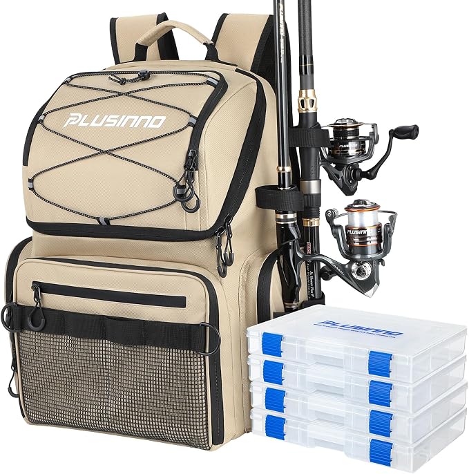 PLUSINNO Cooler Fishing Backpack with Rod Holders 45L Large Water-resistant Fishing Tackle bag Store Fishing Gear Fishing Gifts for Men Father