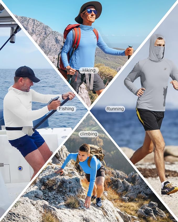 Roadbox Men's UPF 50+ Hooded Fishing Shirts Long Sleeve Sun Protection Hoodie, Hiking Running Swimming Rash Guard with Mask