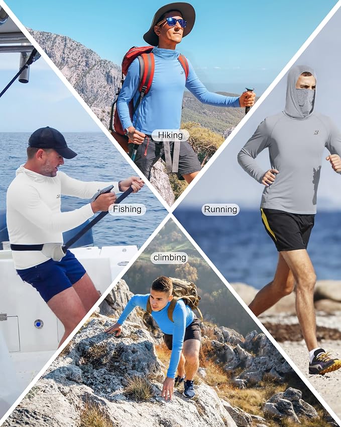 Roadbox Men's UPF 50+ Hooded Fishing Shirts Long Sleeve Sun Protection Hoodie, Hiking Running Swimming Rash Guard with Mask