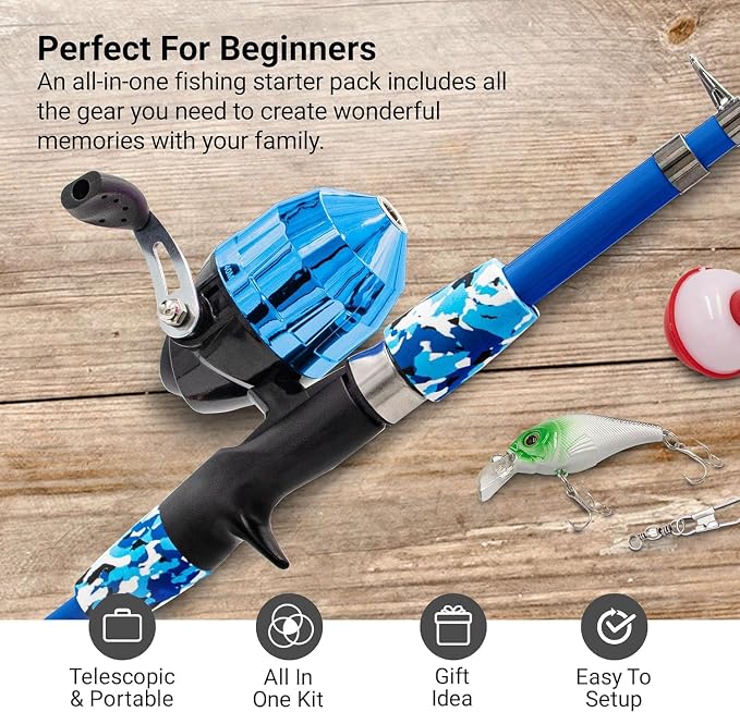 Lanaak Kids Fishing Pole, Kids Portable Telescopic Fishing Rod Set, Tackle Box and Fishing Net Combo Kit, Kids Fishing Gear for Boys and Girls Age 5-10 and Youth