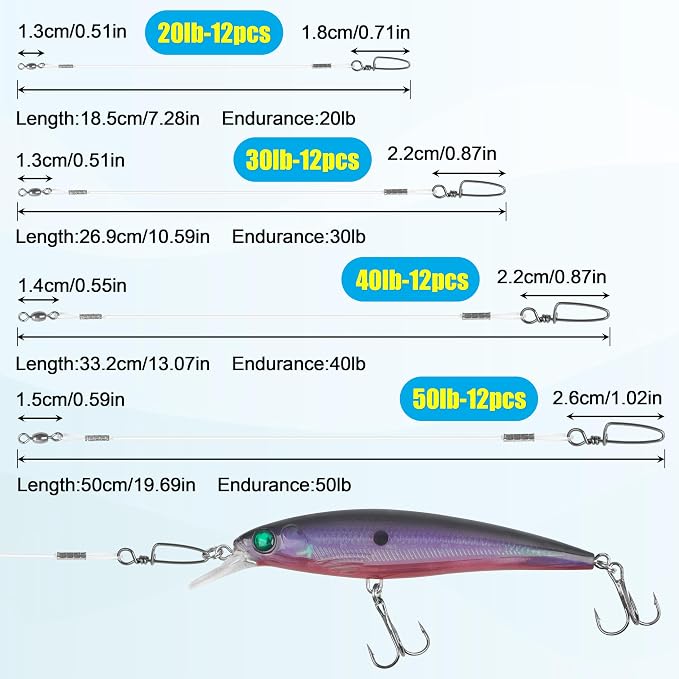 Fluorocarbon Fishing Leader, 12/24pcs Fluorocarbon Leader Line with Swivels Snap Invisible Fishing Wire Leader Connect Tackle Lures Bait Hooks for Saltwater Freshwater