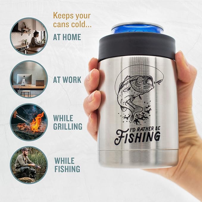 "I'd Rather Be Fishing" Insulated Stainless Steel Can Cooler for Cans + Bottles - great dad birthday gift, fishing gear idea, unique bass pro boat accessory, coolie gift for men, mystery box or prize