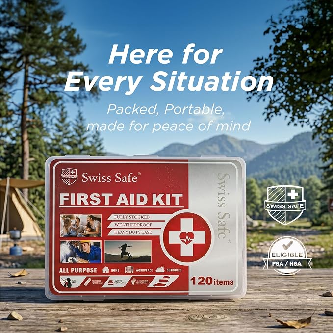 Swiss Safe Mini First Aid Kit – 120 Pcs Compact Hard Shell Medical Kit for Home, Car, Travel, Camping, Hiking, Sports, Office & Outdoor Emergencies, Small Hardcase FAK