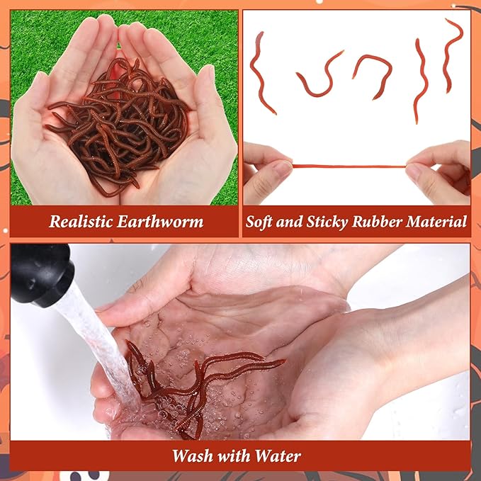 100 Pcs Fake Worms Soft Lure Trout Worm Earthworm 3.35 in Faux Lifelike Stretchy Rubber Earthworms Trick Toy Fishing Lures Baits for Halloween Sensory Bin April Fool's Day Party