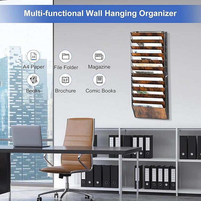 TQVAI 12-Pocket Hanging Wall File Organizer - Metal Folding Wall Mounted Mail Document Holder, Multi-Purpose Clipboard Storage Rack for Office, Homeschool, Classroom Organization, Black/Vintage