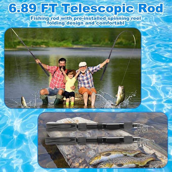 Father's Day Telescopic Fishing Rod Kit, 6.89ft/5.91ft 2 Pcs Collapsible Rod for Him with Landing Net, Tackle Bag, Gloves, Lures, Pliers, Gift for Dad for Saltwater Freshwater Fishing