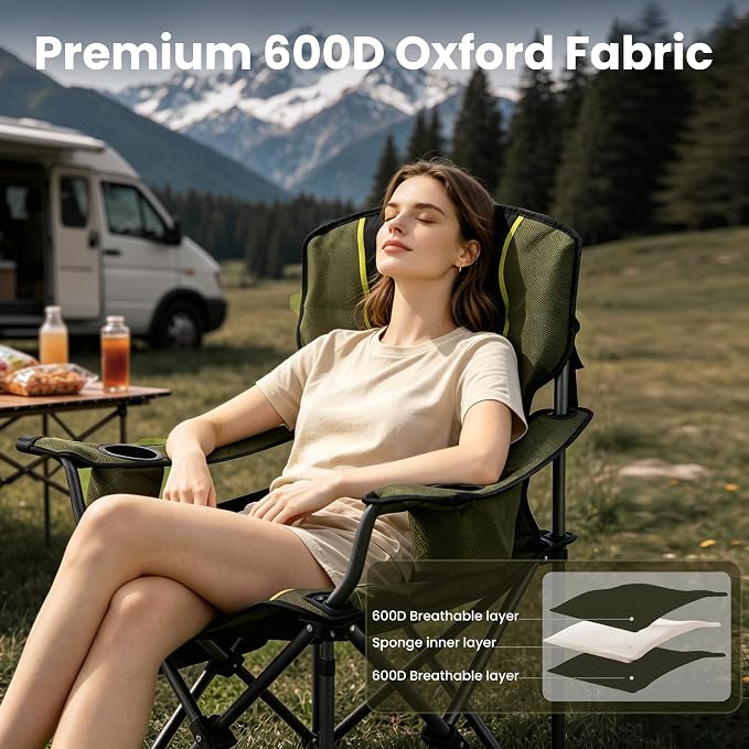 Portable Camping Chair for Adults Heavy Duty 450LBS Thick 600D Oxford Fabric, Waist Support Outdoor Oversized Camping Chairs with Cup Holder and Ice Bag for Sports, Fishing, Lawn (Black & Green)