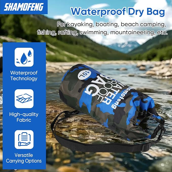 Waterproof Dry Bag 5L/10L/15L/20L/30L Roll Top Dry Storage Backpack with Phone Case, Collapsible Water Bottle, Sunglasses, Ear Band for Kayaking Boating Swimming Fishing Camping,Blue 20L