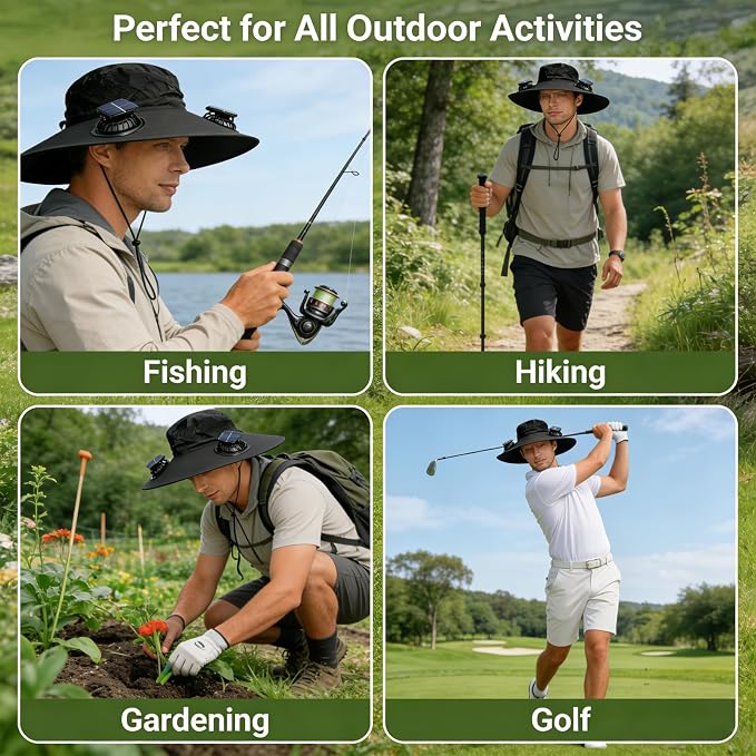 Solar Fan Hat, Hat with Fans Solar Power,Solar Powered Fan Hat for Outdoor Fishing, Hiking Gardening, USB Solar Charging Includes 2 Solar Fans(Black-XL)