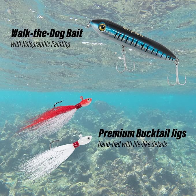 Dr.Fish 269 Pieces Surf Fishing Tackle Box Kit, Saltwater Ocean Beach Fishing Gear Supplies, Lure&Rig Accessories, Bucktail Jigs Saltwater Lures Walking Bait Surf Casting Pyramid Sinkers