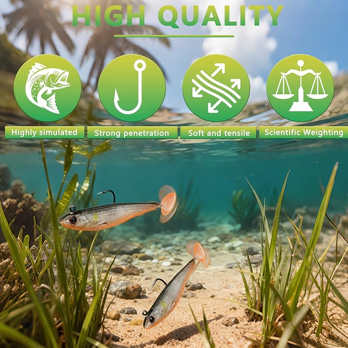 Soft Fishing Lures for Bass Fishing:Pre-Gigged Swim Baits for Saltwater or Freshwater.Soft Plastic Fishing Accessories.