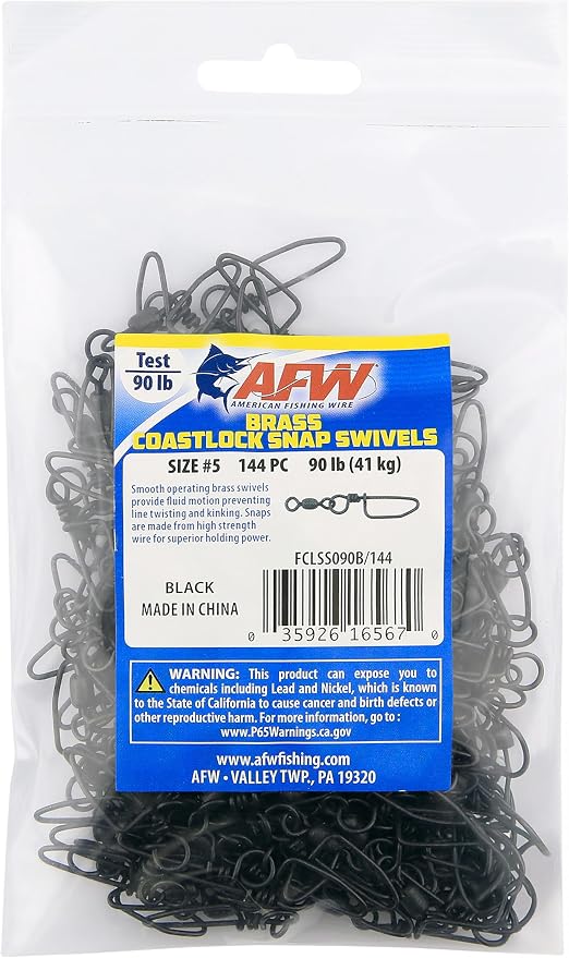 AFW Brass Coastlock Snap Swivels – Durable Fishing Gear with High-Strength Wire Snaps, Black Oxide Finish, Prevents Line Twisting & Kinking, Supports Up to 350 lb Test.