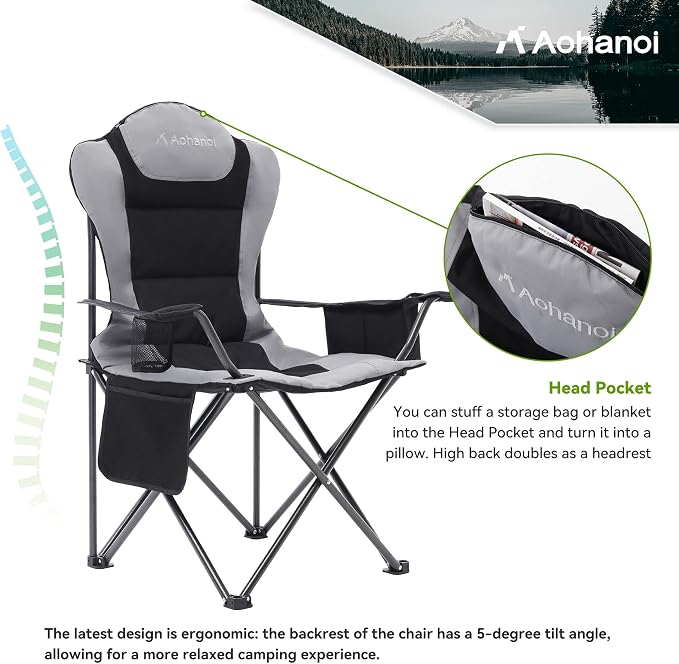Aohanoi 2 Pack Camping Chairs for Heavy People,Outdoor Folding Camp Chairs for Adults with Cup Holder & Cooler Bag for Outside,Outdoor Lawn Chairs Supports Up to 400lbs