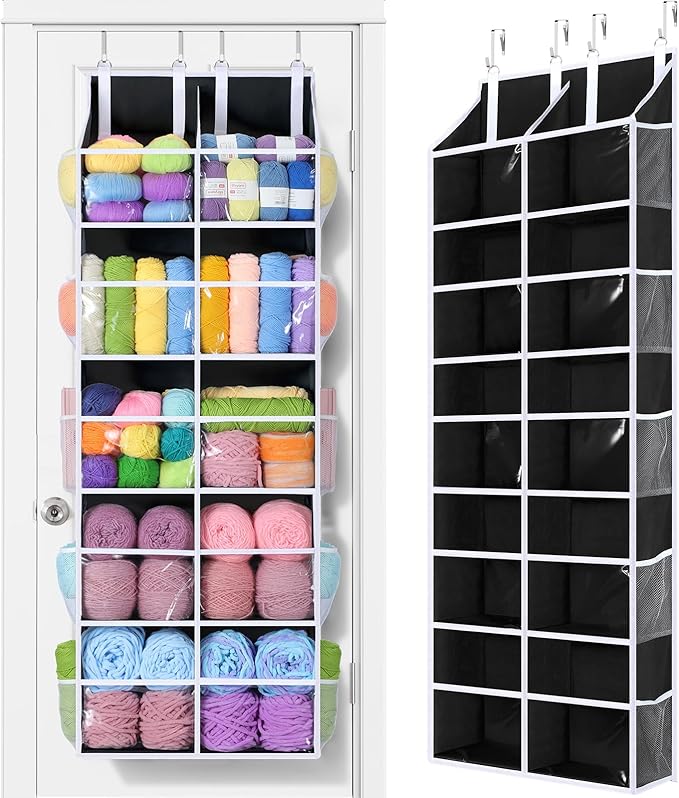 Yecaye 80lb Clear Door Hanging Yarn Storage Organizer, 10 Large Plastic Pockets & 10 Mesh Pockets Over The Door Crochet Organizer, 5 Tier Yarn Ball Storage for Knitting Needles, Black