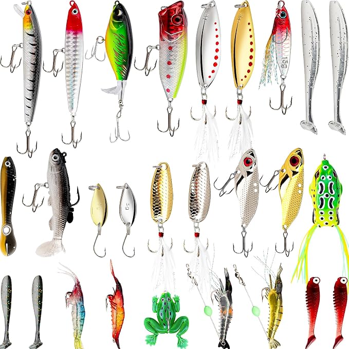 27Pcs Fishing Lures Kit, Hard and Soft Bait Set for Bass Trout Pike, Deep Diving Crankbaits with Premium Gift Box, Freshwater and Saltwater Fishing Tackle Gear for Men Dad Husband