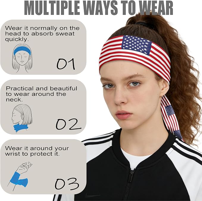 Flag Tie Headbands for Men Women, Moisture Wicking Sweatband Breathable Sports Headwrap, Non-Slip Stretchy Adjustable Fitness Hair Band