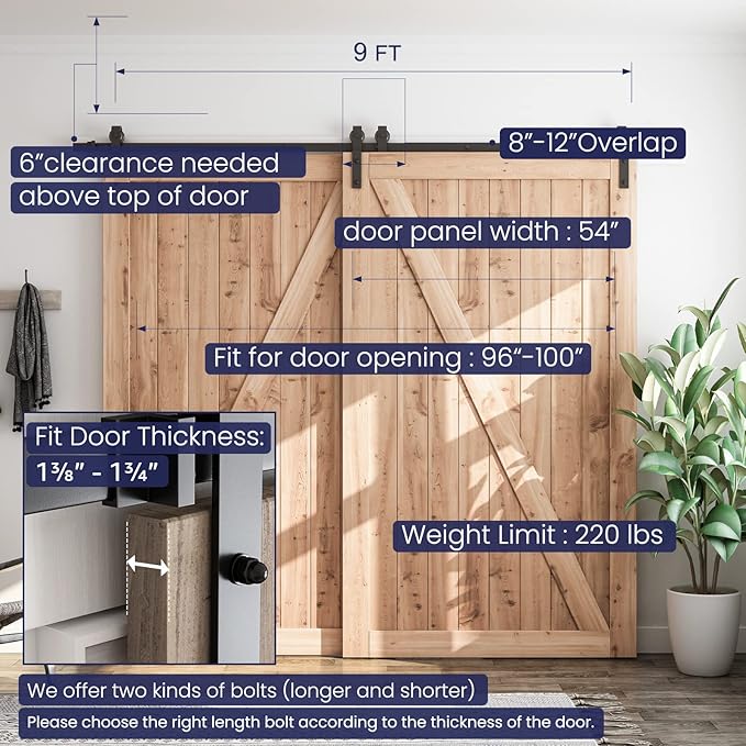 SMARTSTANDARD 9 Feet Bypass Sliding Barn Door Hardware Kit - for Double Wooden Doors-Single Track - Smoothly & Quietly - Easy to Install-Fit 96" Opening