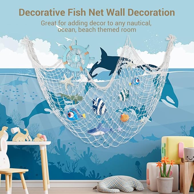 2 Pack Decoractive Fishing Net 80x40 Inch, 3mm Off White Natural Cotton Large Picture Wall Hanging Fish Net, Halloween Party Decorations Fishnet for Tropical Nautical Pirate Beach Mermaid Themed Party