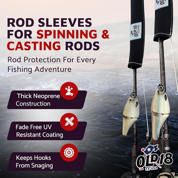 OLD18 Neoprene Fishing Rod Sleeve - Protective Rod Sock for Fishing Poles 6'-8' - Hook-Resistant Fishing Rod Case for Storage & Transport - Helps Keep Rods Afloat