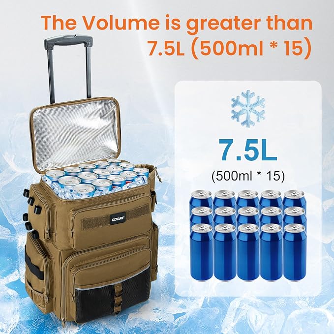 Goture 66L Rolling Tackle Box with Cooler, Khaki Large Fishing Bag with Wheels for 5 3700 Trays(Trays Included), Saltwater Resistant Tackle Backpack with Rod Holders