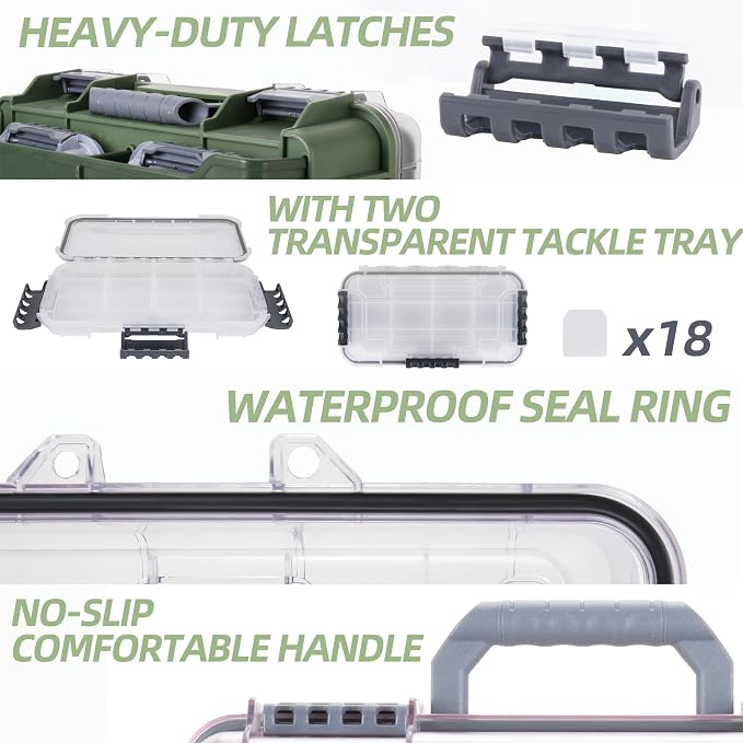 RUNCL Universal Fishing Tackle Box with Two Small Tackle Tray, Removal Inside Design Waterproof Trunk Storage Box, Thicker Floating Airtight Stowaway, Xmas Surprise Fishing Gifts for Men Women