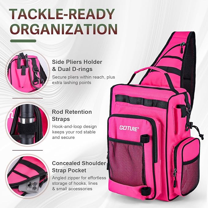 Goture OpenSide Fishing Sling Tackle Storage Bag with 3 3700 Tackle Boxes,Lures & Fishing Tools, Lightweight Fishing Backpack Storage for Fishing Gear-Pink Bag, Gift for Women